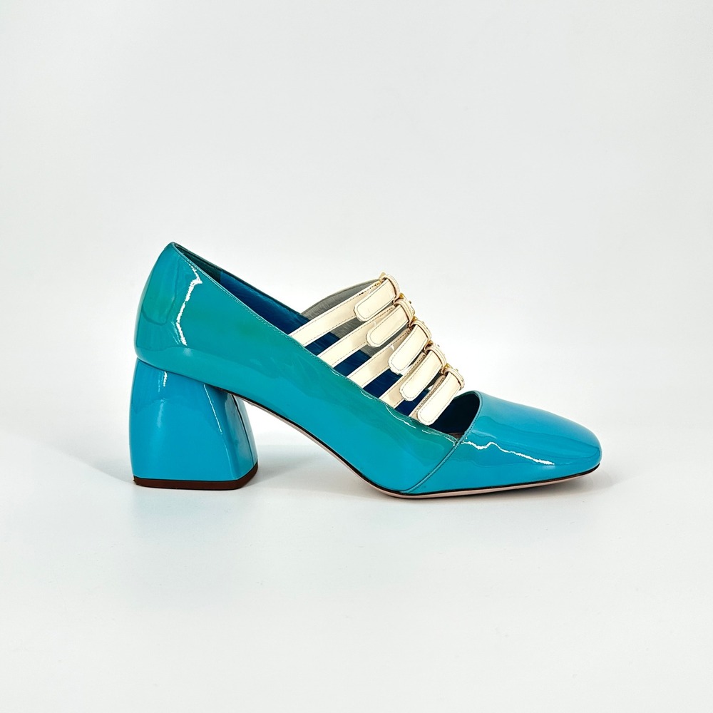 Miu Miu FW2015 Blue Patent Leather Multi-Strap Block Heel Pumps Size 37.5